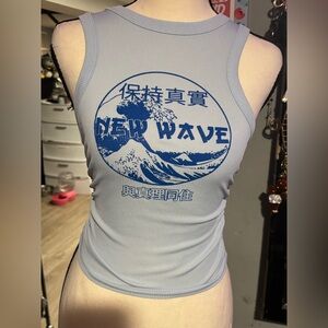 PrettyLittleThing Light Blue 'New Wave' Graphic Ribbed Tank